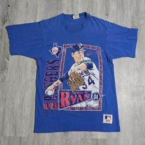 Vintage 90s Nutmeg Texas Rangers Nolan Ryan Baseball Stats Blue Tee